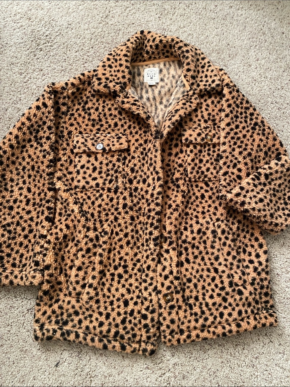 Billabong Leopard-Print Teddy Jacket in Tan and Black